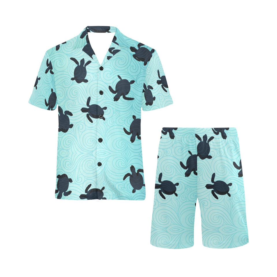 Sea turtle with blue ocean backgroud Men's V-Neck Short Pajama Set