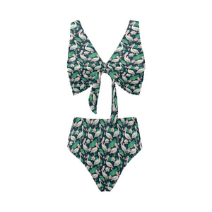 Pelican Pattern Print Design 03 Chest Bowknot High Waisted Bikini Swimsuit