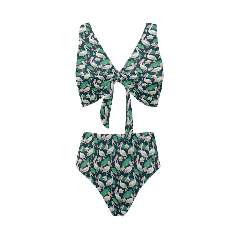 Pelican Pattern Print Design 03 Chest Bowknot High Waisted Bikini Swimsuit