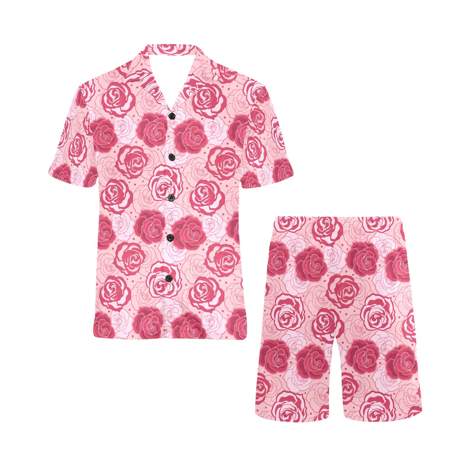 Rose Pattern Print Design 02 Men's V-Neck Short Pajama Set