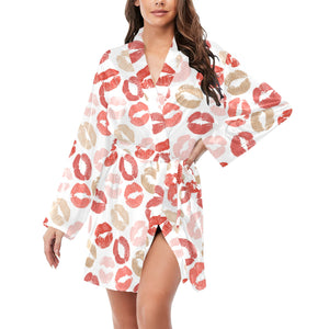 Lips Pattern Print Design 04 Women's Long Sleeve Belted Night Robe