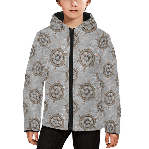 nautical wood steering wheel pattern Kids' Boys' Girls' Padded Hooded Jacket