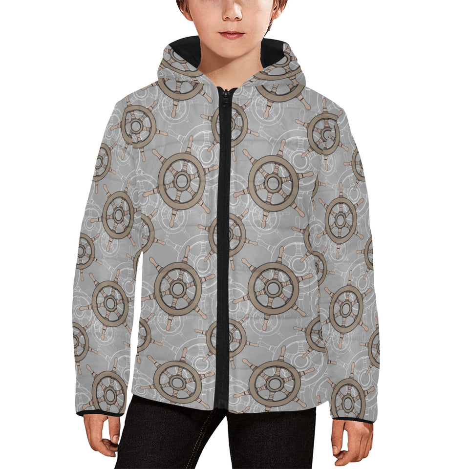 nautical wood steering wheel pattern Kids' Boys' Girls' Padded Hooded Jacket