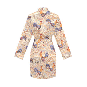 Cute rooster chicken cock floral ornament backgrou Women's Long Sleeve Belted Night Robe