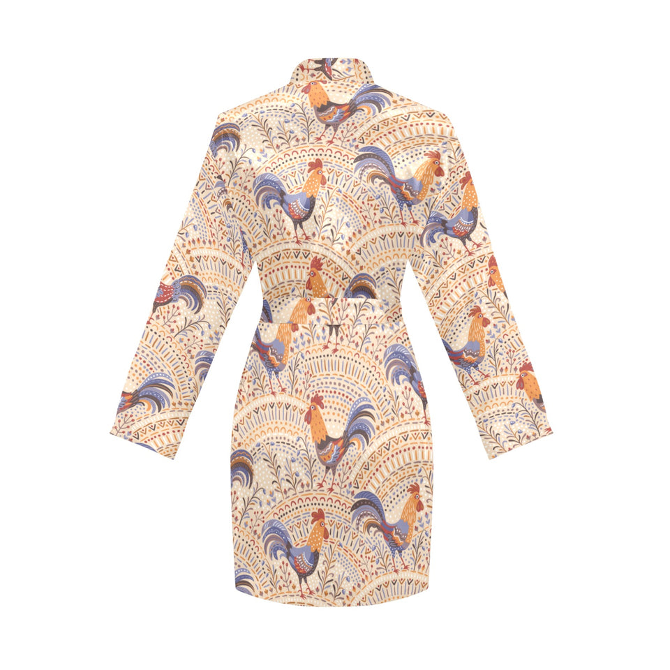 Cute rooster chicken cock floral ornament backgrou Women's Long Sleeve Belted Night Robe