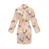 Cute rooster chicken cock floral ornament backgrou Women's Long Sleeve Belted Night Robe