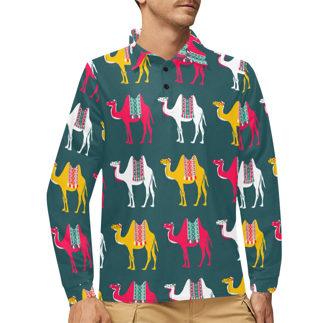 Camel pattern Men's Long Sleeve Polo Shirt