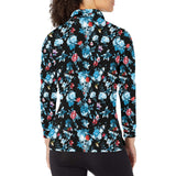 Skull flower roses leave pattern Women's Long Sleeve Polo Shirt