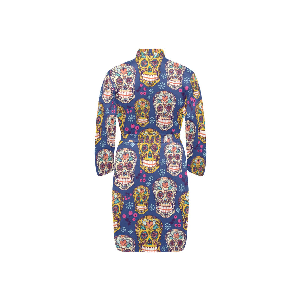 Sugar skull flower pattern Men's Long Sleeve Belted Night Robe