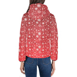 Snowflake pattern red background Women's Padded Hooded Jacket