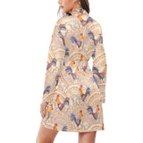 Cute rooster chicken cock floral ornament backgrou Women's Long Sleeve Belted Night Robe