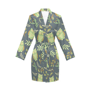 Cute owls leaves pattern Women's Long Sleeve Belted Night Robe