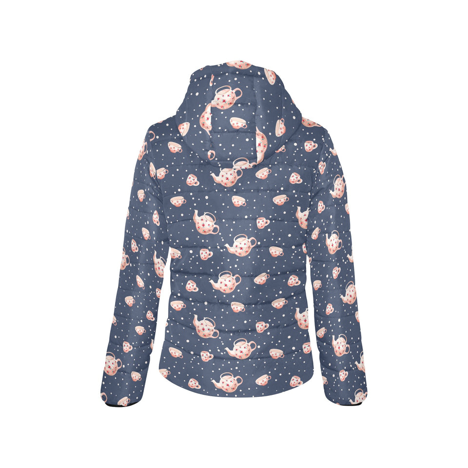 Tea pots Pattern Print Design 04 Women's Padded Hooded Jacket