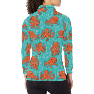 Octopus turquoise background Women's Long Sleeve Polo Shirt