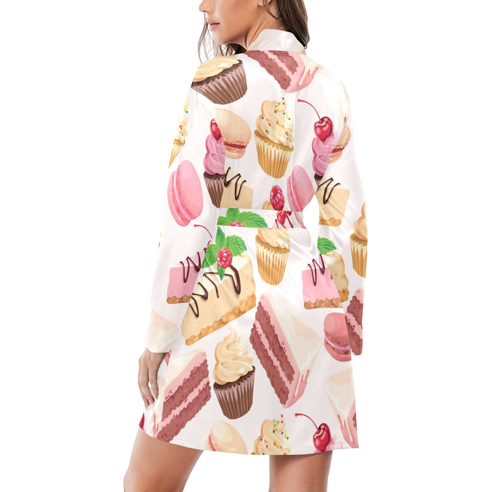 Cake cupcake sweets pattern Women's Long Sleeve Belted Night Robe