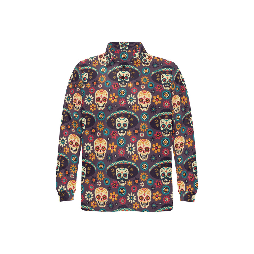 Sugar skulls flower maxican pattern Men's Long Sleeve Polo Shirt