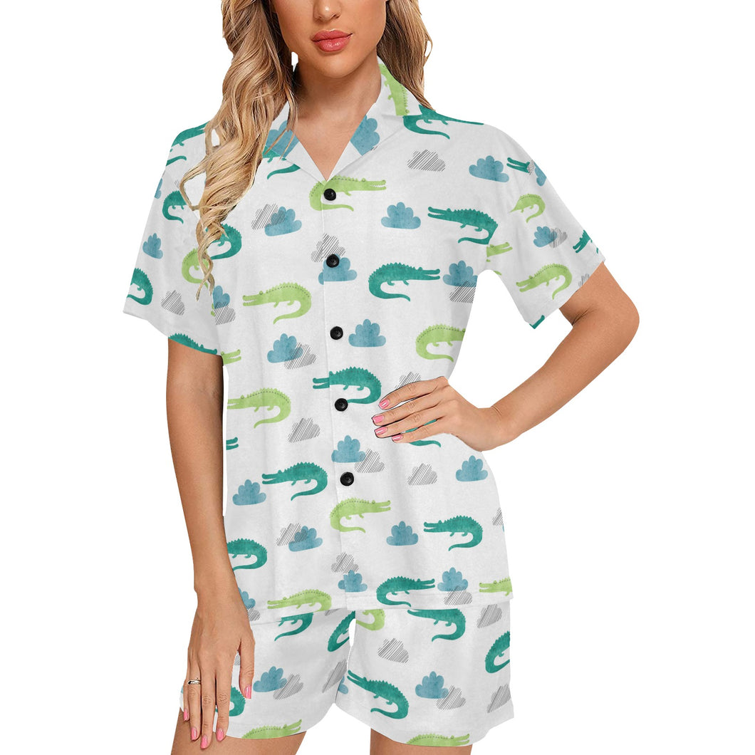 watercolor crocodile pattern Women's V-Neck Short Pajama Set