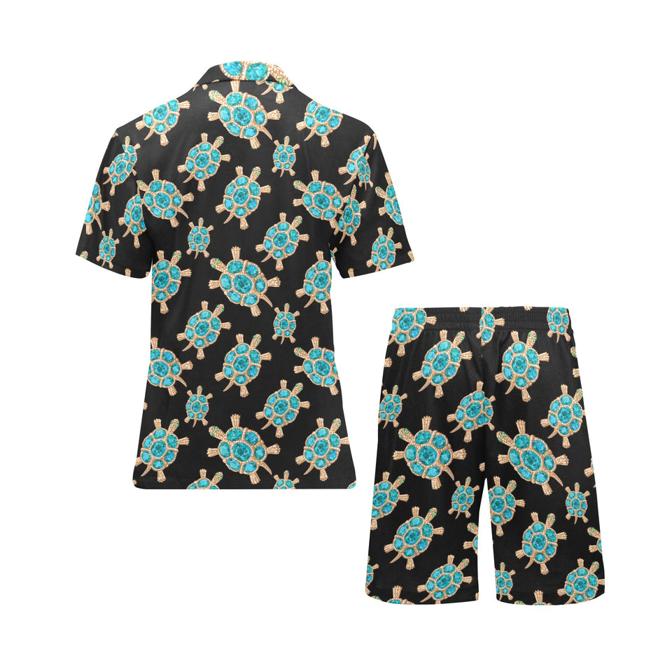 Sea turtle blue stone pattern Men's V-Neck Short Pajama Set
