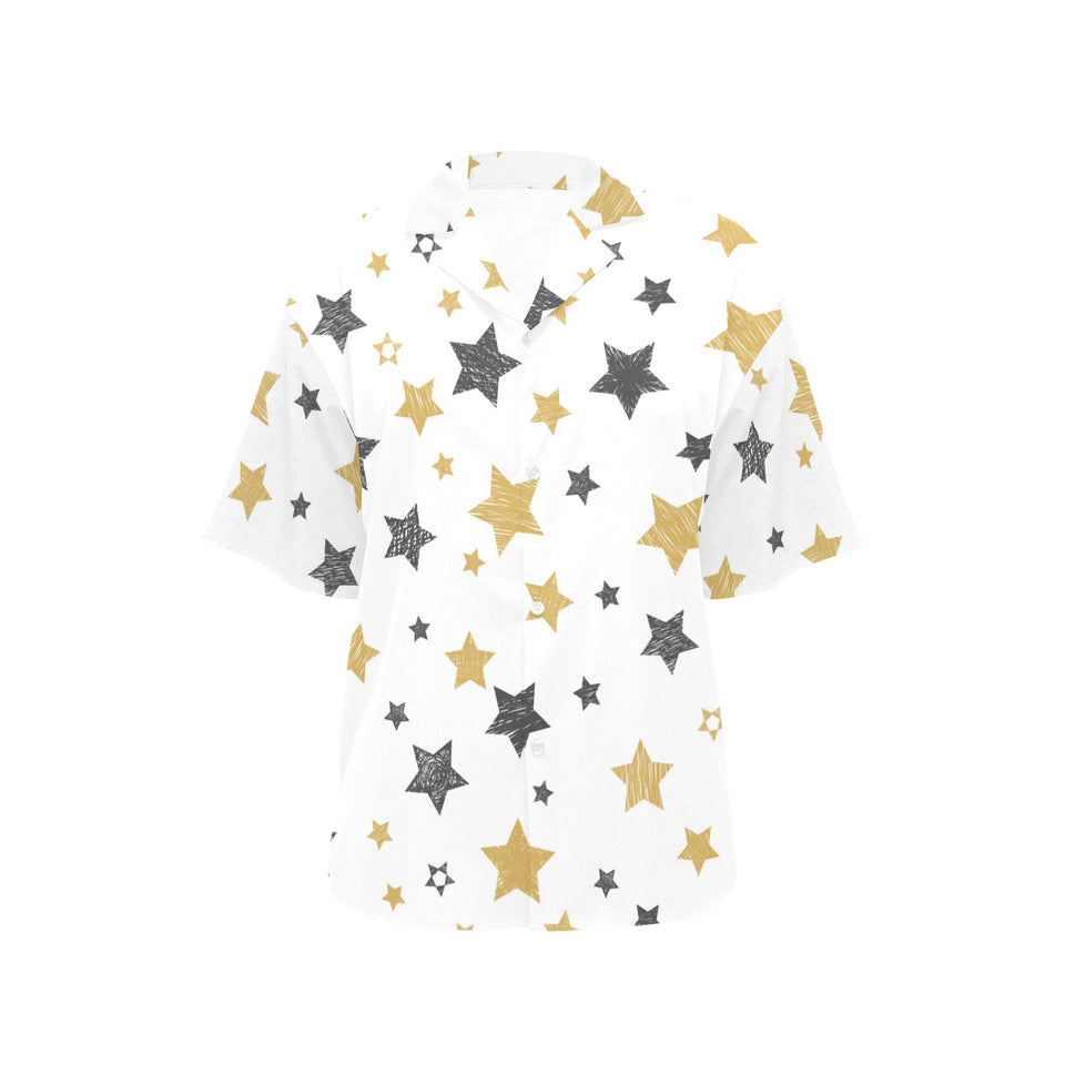 hand drawn gold black star pattern Women's All Over Print Hawaiian Shirt