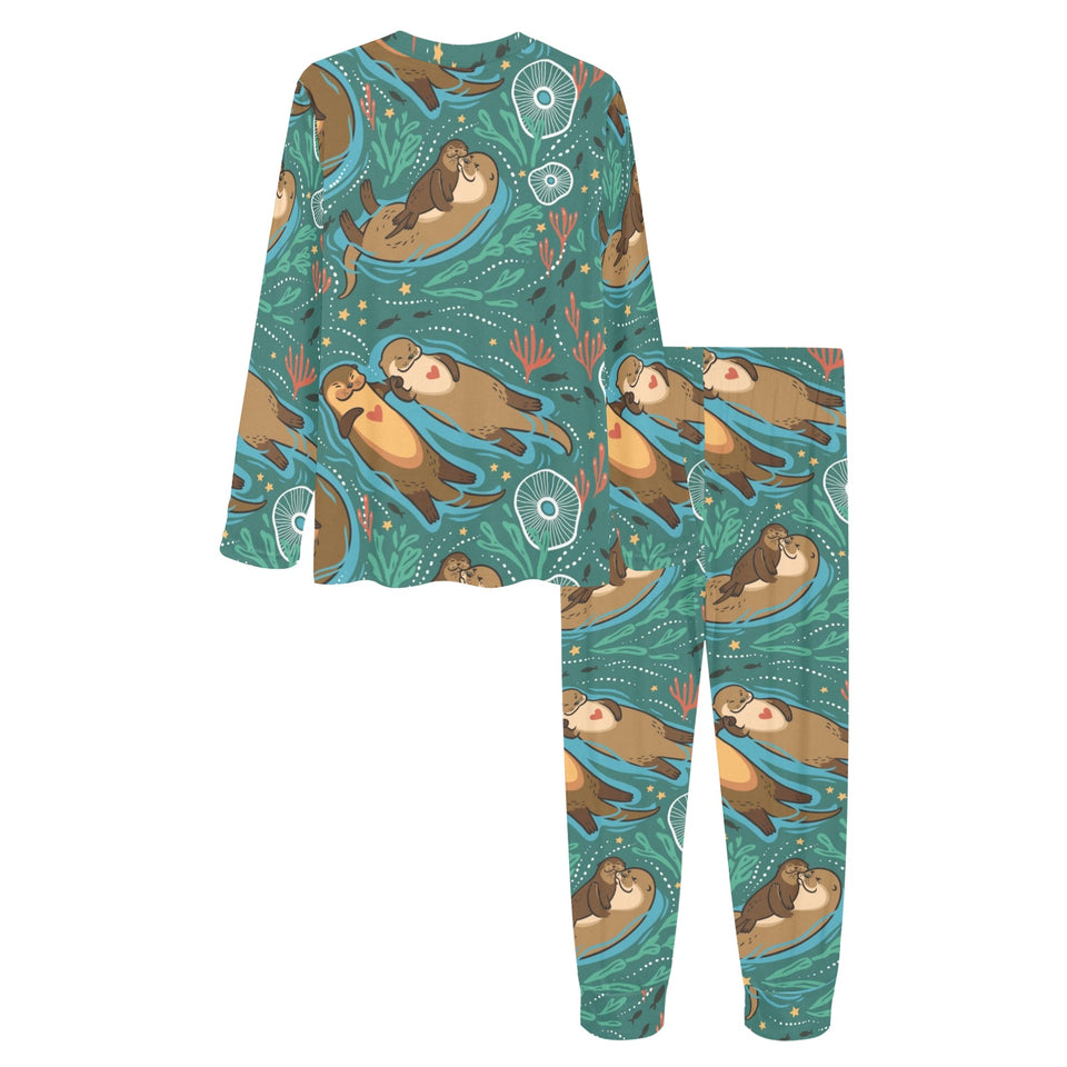 cute brown sea otters ornamental seaweed corals gr Women's All Over Print Pajama Set