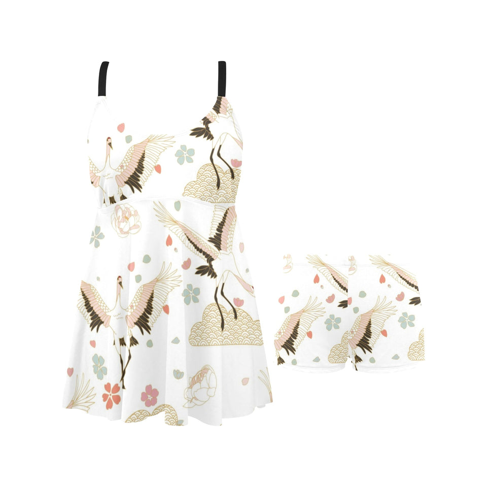 Beautiful Japanese cranes pattern Chest Sexy Pleated Two Piece Swim Dress