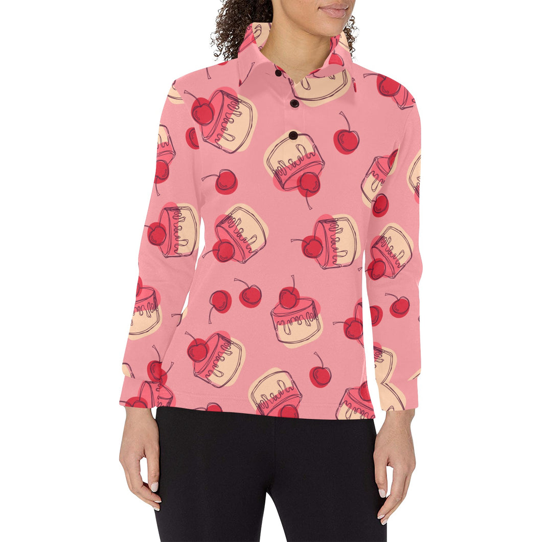 Cake cherry pattern Women's Long Sleeve Polo Shirt