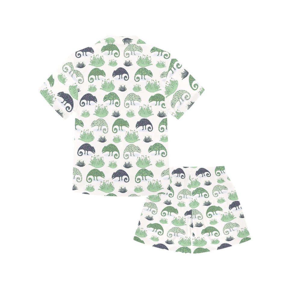 Chameleon lizard succulent plant pattern Kids' Boys' Girls' V-Neck Short Pajama Set