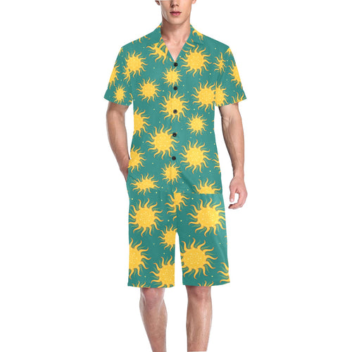 Sun green background Men's V-Neck Short Pajama Set