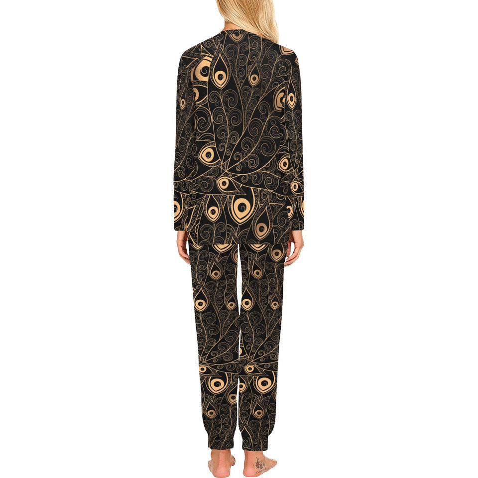 Gold peacock feather pattern Women's All Over Print Pajama Set