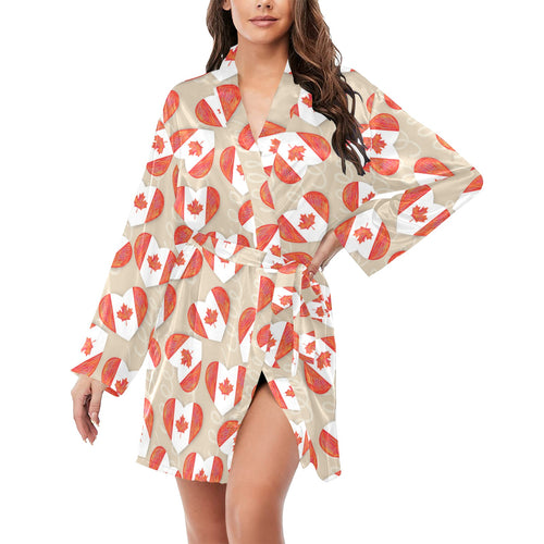 Canada Pattern Print Design 01 Women's Long Sleeve Belted Night Robe