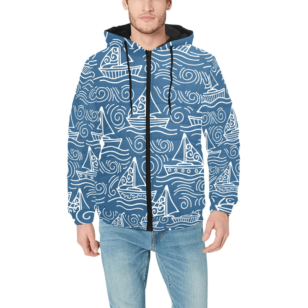 Hand drawn sailboat pattern Men's Padded Hooded Jacket
