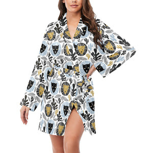 Lion Pattern Print Design 05 Women's Long Sleeve Belted Night Robe