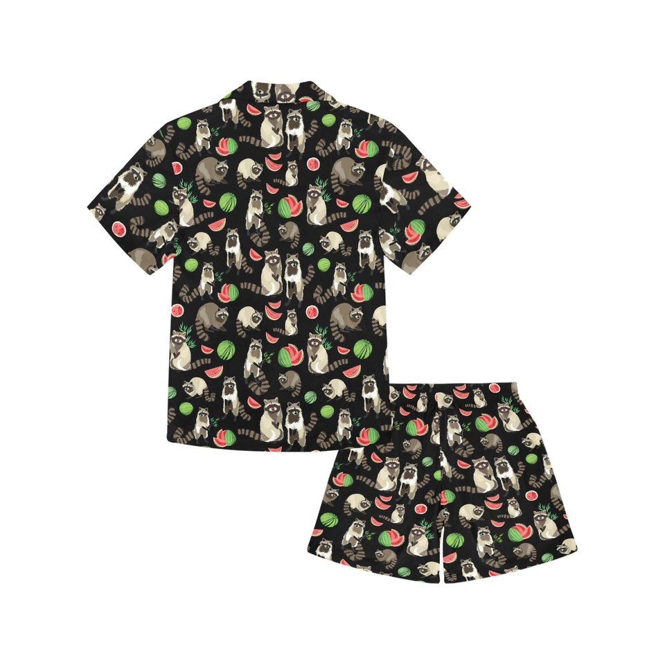 Raccoon watermelon pattern Kids' Boys' Girls' V-Neck Short Pajama Set