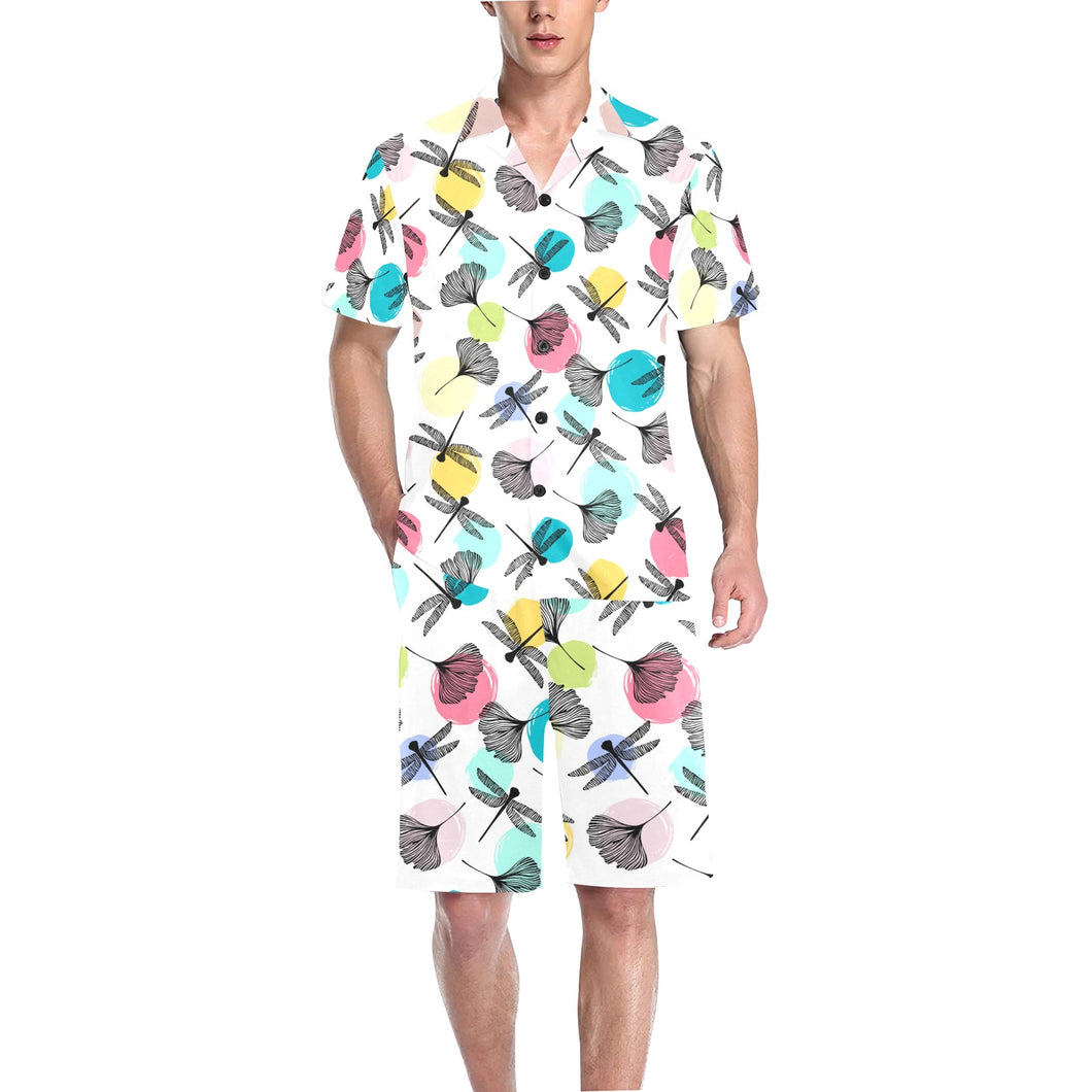 Dragonflies ginkgo leaves pattern Men's V-Neck Short Pajama Set