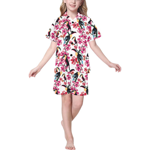 Toucan flower design pattern Kids' Boys' Girls' V-Neck Short Pajama Set
