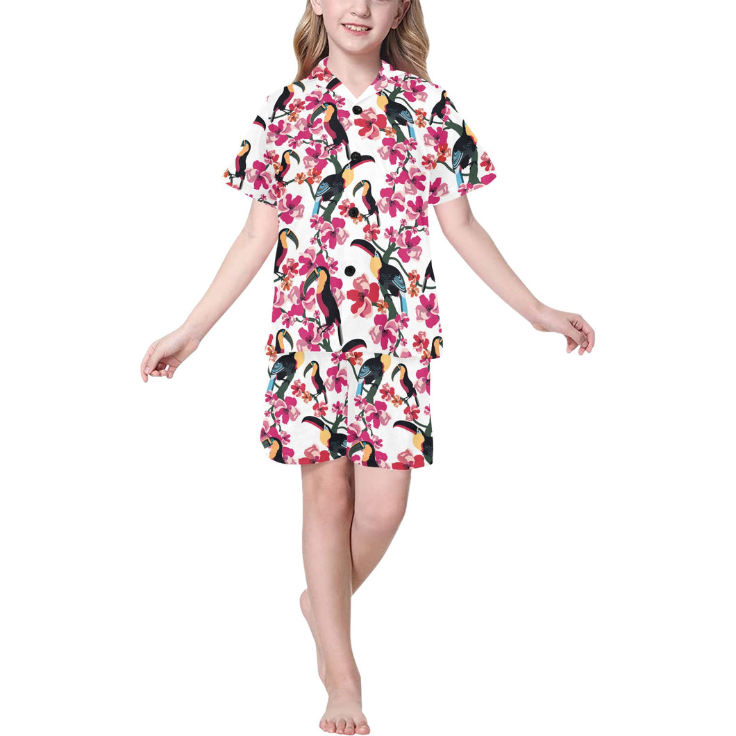 Toucan flower design pattern Kids' Boys' Girls' V-Neck Short Pajama Set