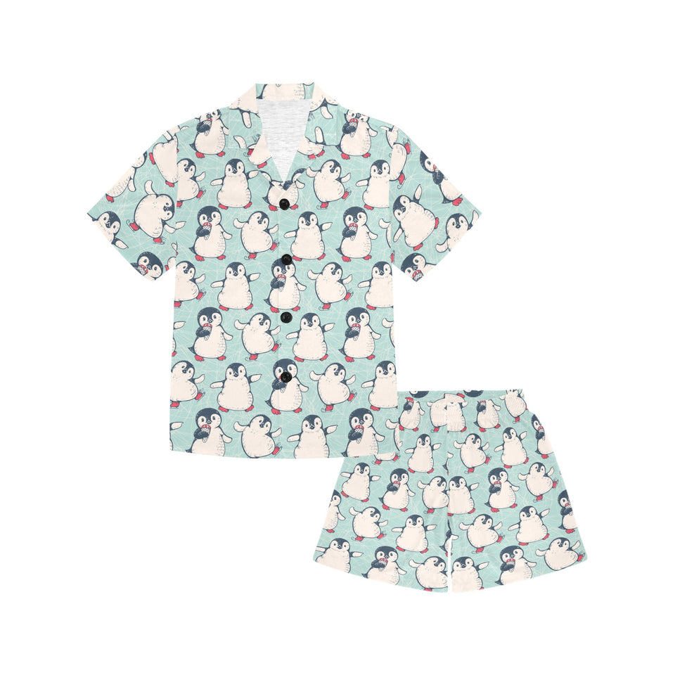 Cute Penguin pattern Kids' Boys' Girls' V-Neck Short Pajama Set