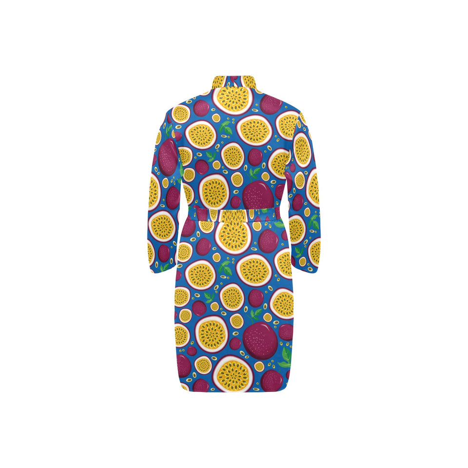 Passion fruit blue background Men's Long Sleeve Belted Night Robe