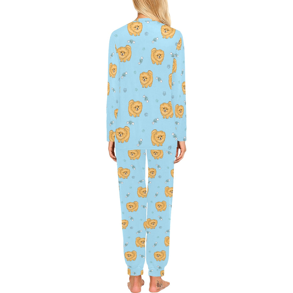 Brown cute pomeranian blue blackground Women's All Over Print Pajama Set
