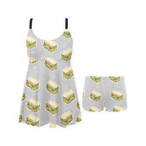 Sandwich Pattern Print Design 05 Chest Sexy Pleated Two Piece Swim Dress