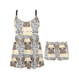 Happy pug pattern Chest Sexy Pleated Two Piece Swim Dress