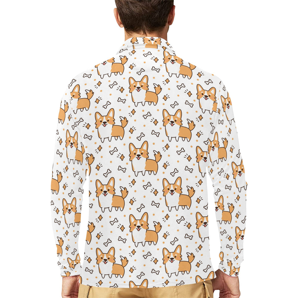 Cute corgi heart star bone pattern Men's Long Sleeve Polo Shirt