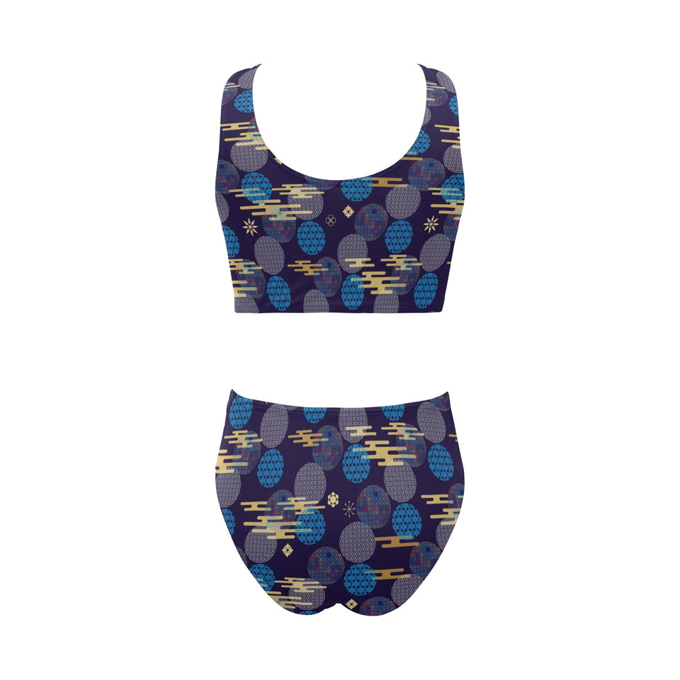 Blue japanese pattern cloud wave flower Chest Bowknot High Waisted Bikini Swimsuit