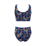 Blue japanese pattern cloud wave flower Chest Bowknot High Waisted Bikini Swimsuit