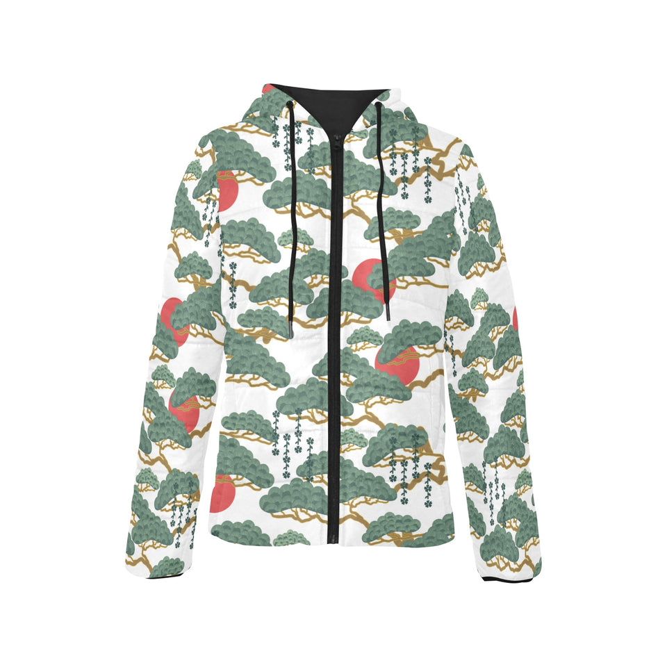 Bonsai red sun japanese pattern Women's Padded Hooded Jacket