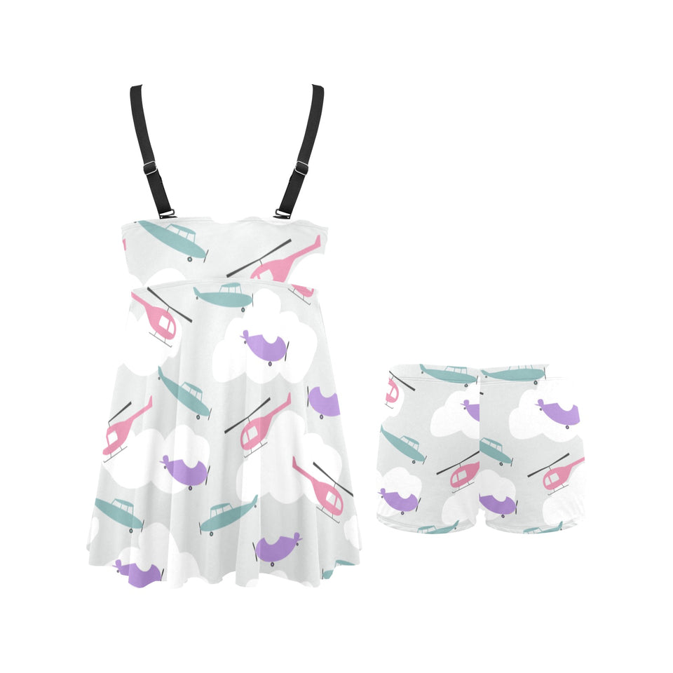 Helicopter plane pattern Chest Sexy Pleated Two Piece Swim Dress