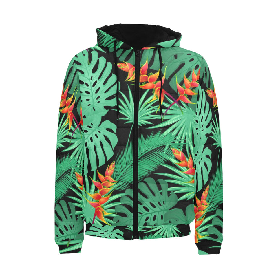 heliconia flower palm monstera leaves black backgr Men's Padded Hooded Jacket