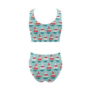 Red White sailboat wave background Chest Bowknot High Waisted Bikini Swimsuit