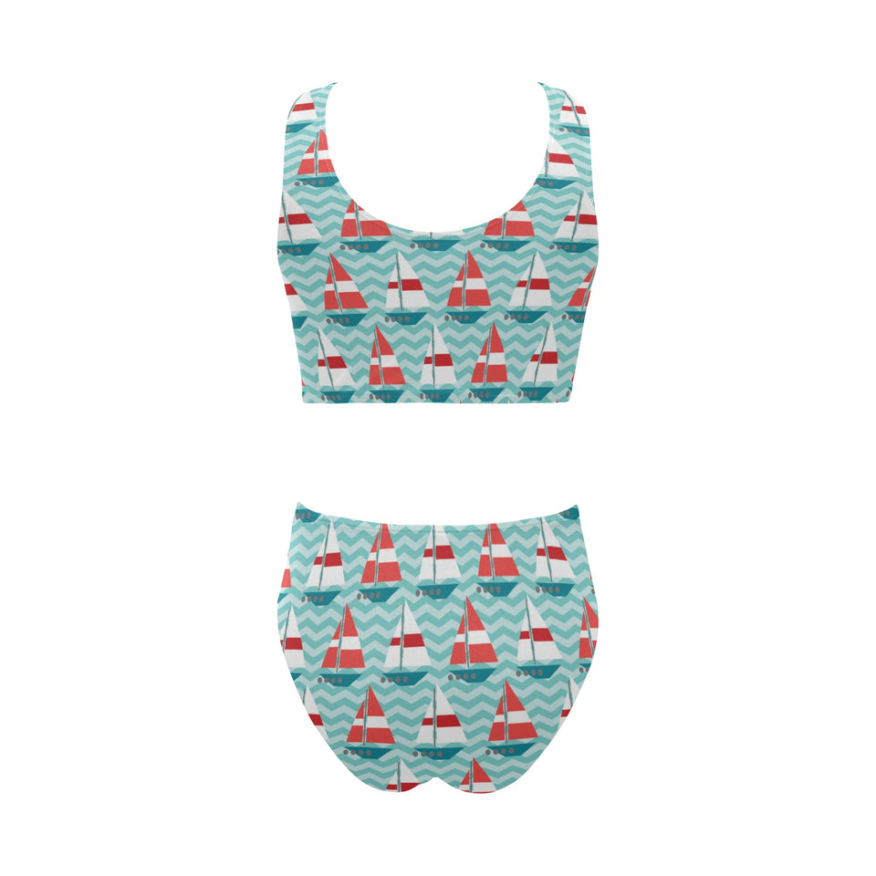 Red White sailboat wave background Chest Bowknot High Waisted Bikini Swimsuit