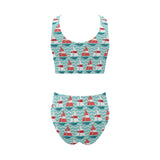 Red White sailboat wave background Chest Bowknot High Waisted Bikini Swimsuit